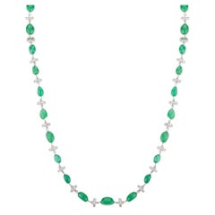 69.55 CTW Tumble Emerald Beaded Necklace with Diamonds in 18k Solid White Gold