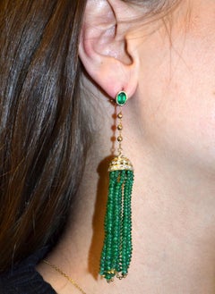 69.56 Carat Emerald Beads Diamond 18 Karat Yellow Gold Chandelier Earrings