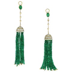 69.56 Carat Emerald Beads Diamond 18 Karat Yellow Gold Chandelier Earrings