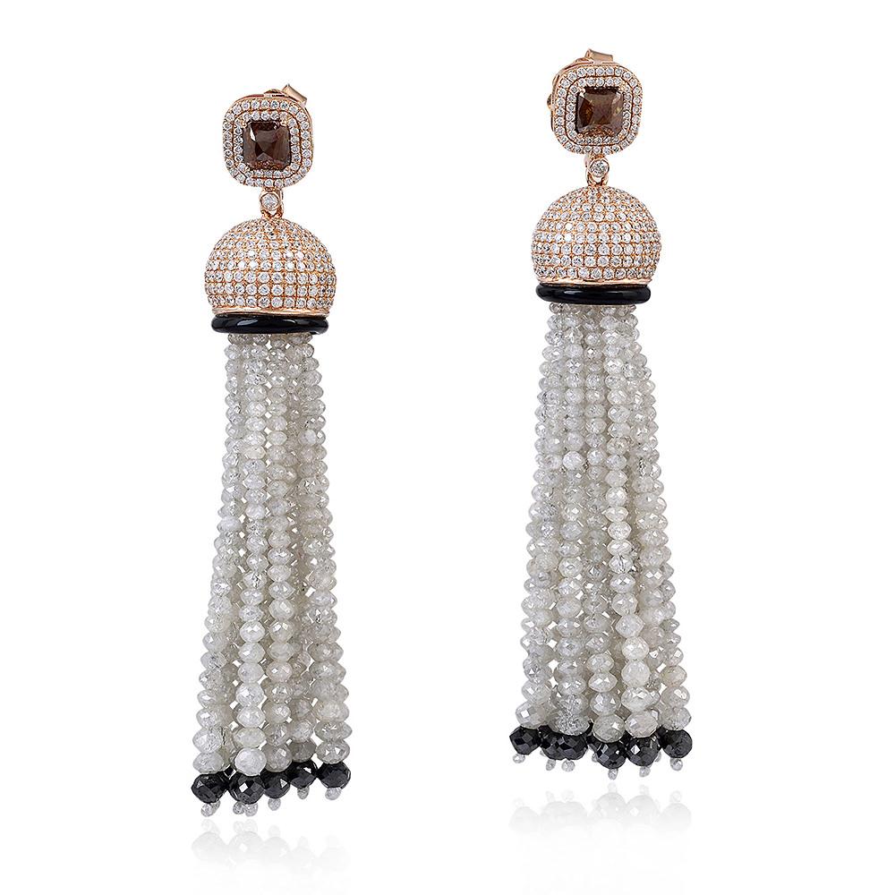 Mixed Cut 69.59ct Diamonds Earrings With Onyx Tassel Made In 18k Rose Gold For Sale