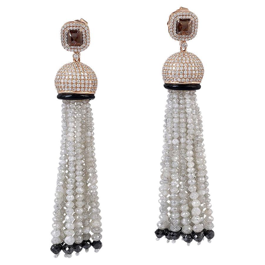 69.59ct Diamonds Earrings With Onyx Tassel Made In 18k Rose Gold For Sale