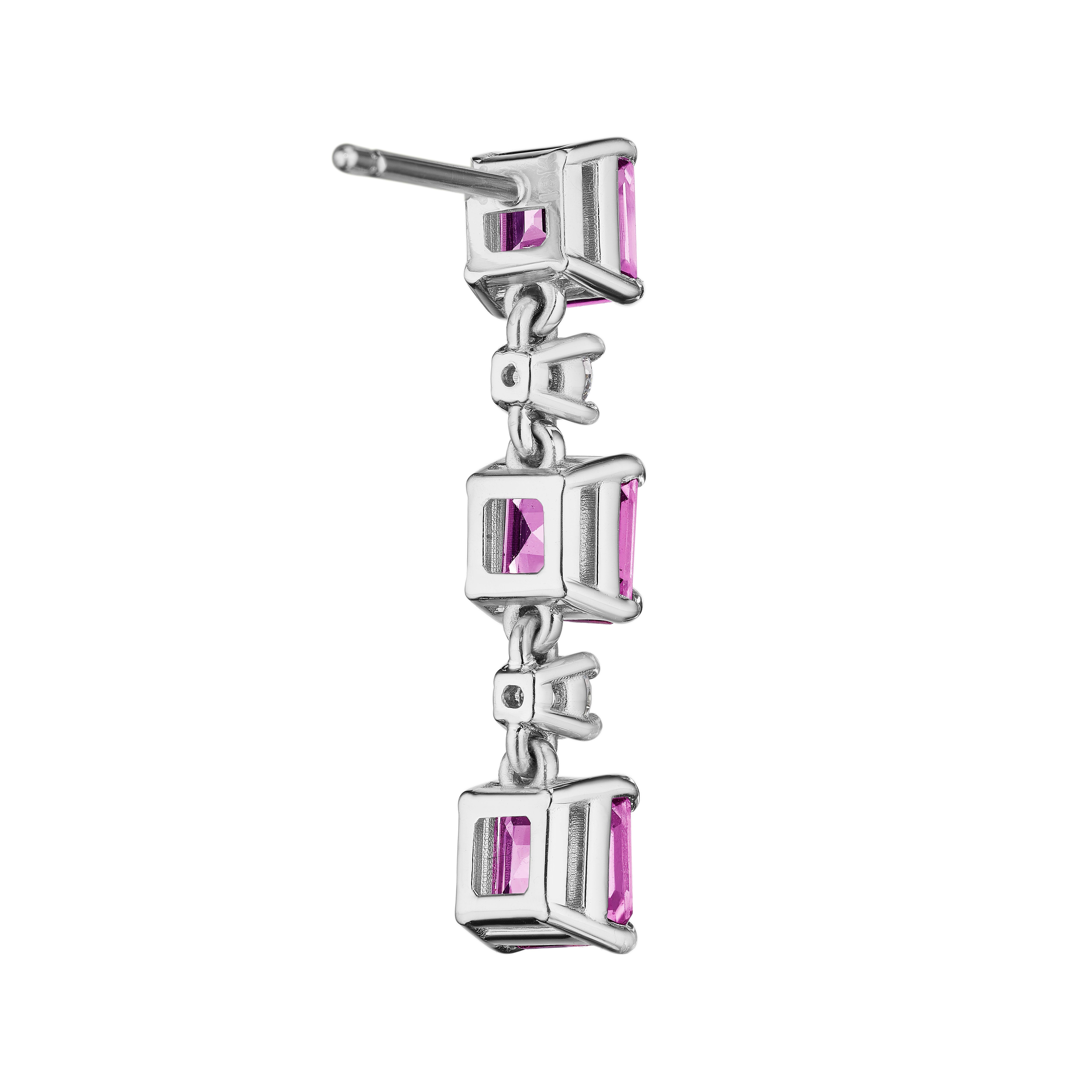 Modern 6.95ct Asscher Cut Pink Sapphire & Round Diamond Earrings in 18KT White Gold For Sale