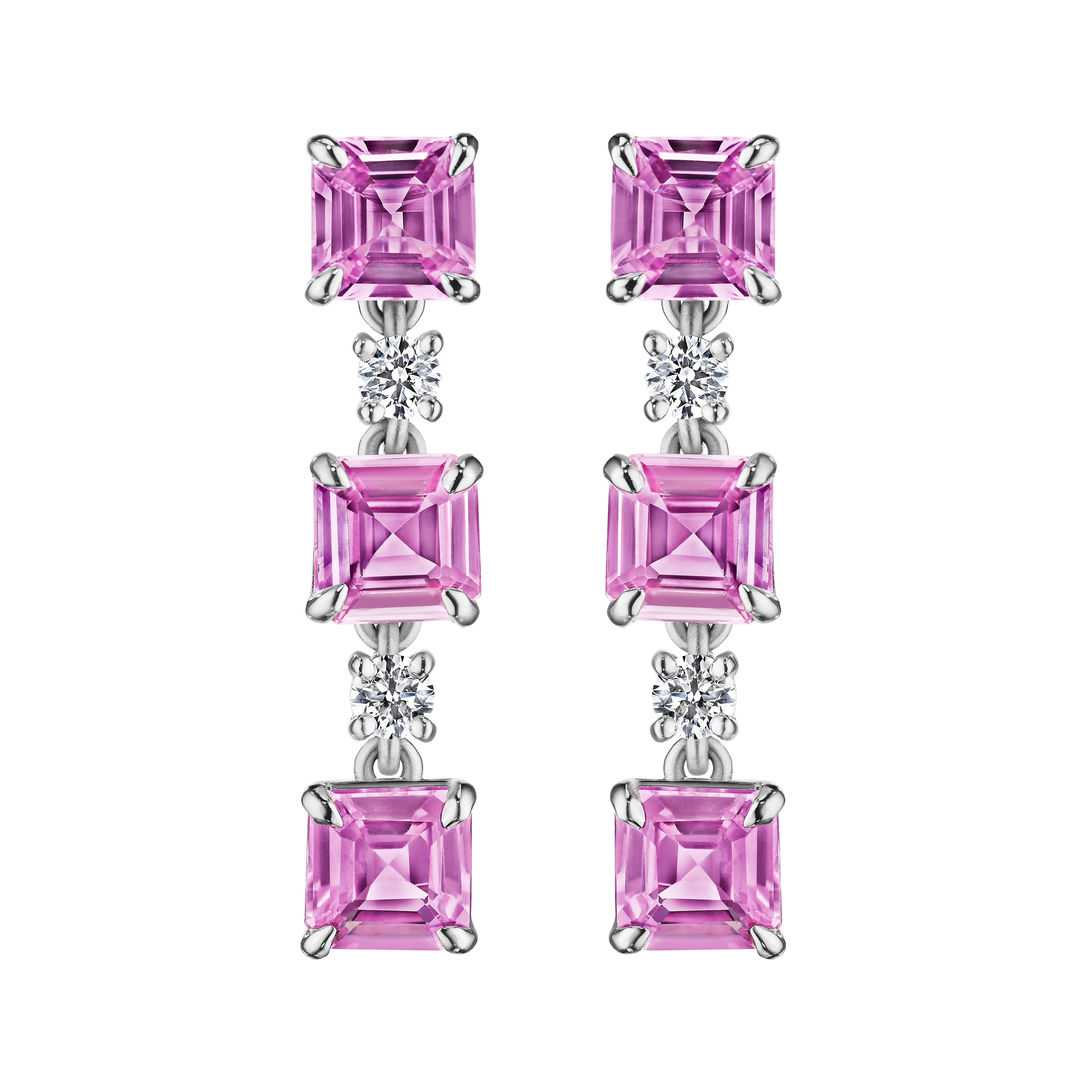 6.95ct Asscher Cut Pink Sapphire & Round Diamond Earrings in 18KT White Gold In New Condition For Sale In New York, NY