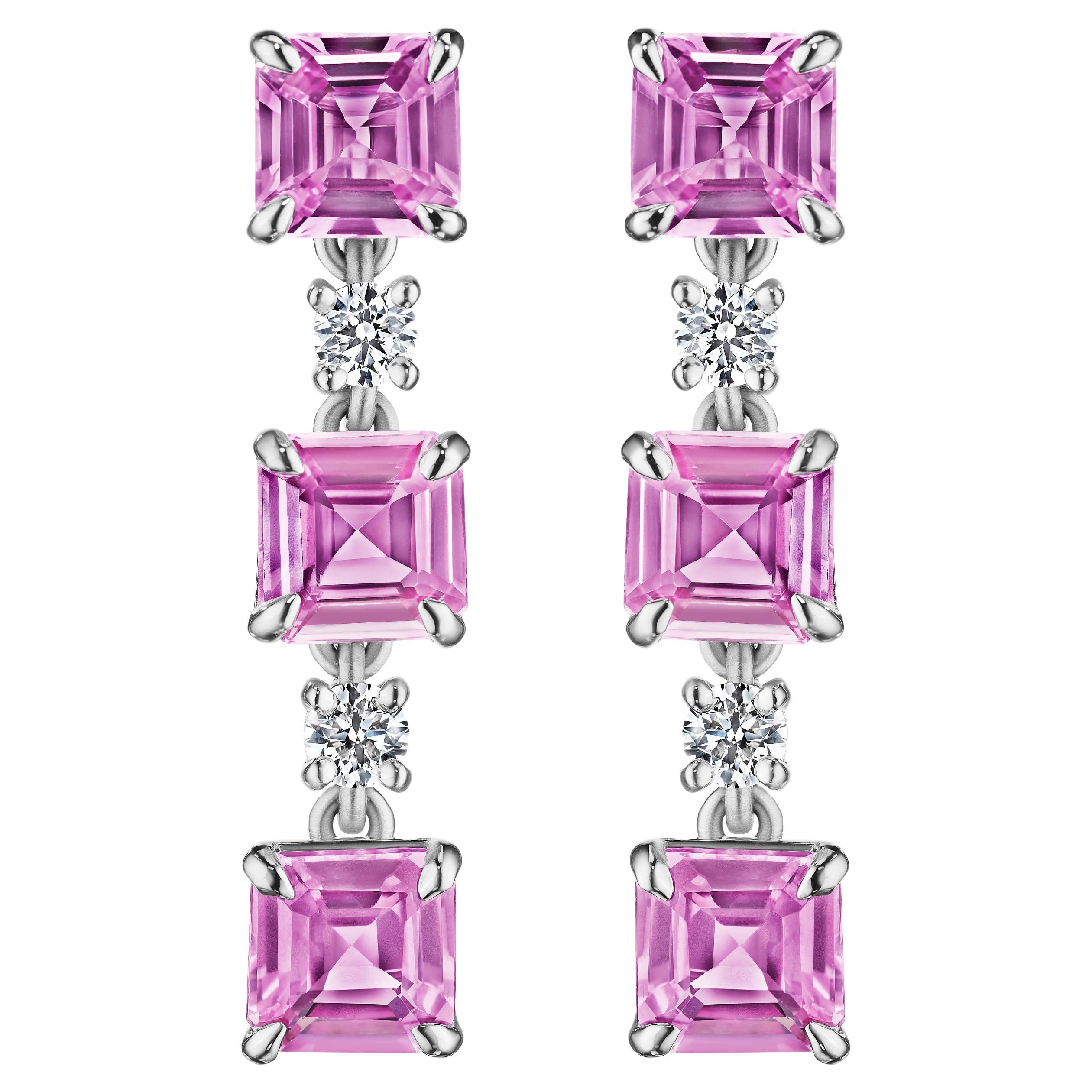 6.95ct Asscher Cut Pink Sapphire & Round Diamond Earrings in 18KT White Gold For Sale