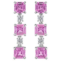 6.95ct Asscher Cut Pink Sapphire & Round Diamond Earrings in 18KT White Gold