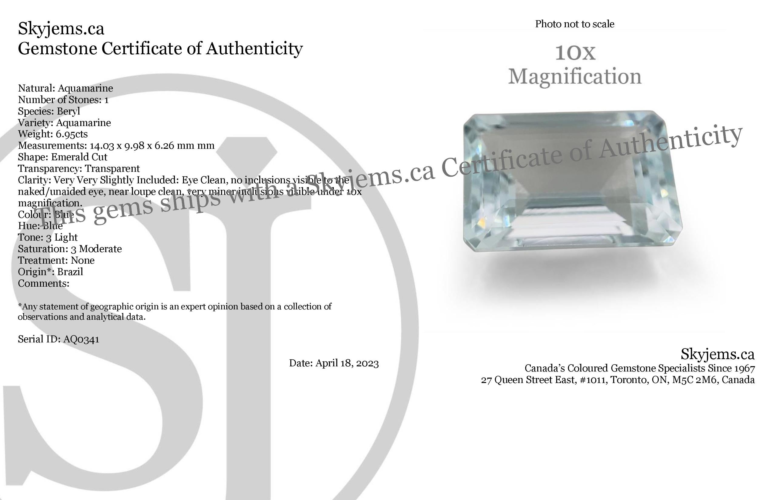 Description:

Gem Type: Aquamarine 
Number of Stones: 1
Weight: 6.95 cts
Measurements: 14.03 x 9.98 x 6.26 mm
Shape: Emerald Cut
Cutting Style Crown: Step Cut
Cutting Style Pavilion: Step Cut 
Transparency: None
Clarity: Very Very Slightly Included: