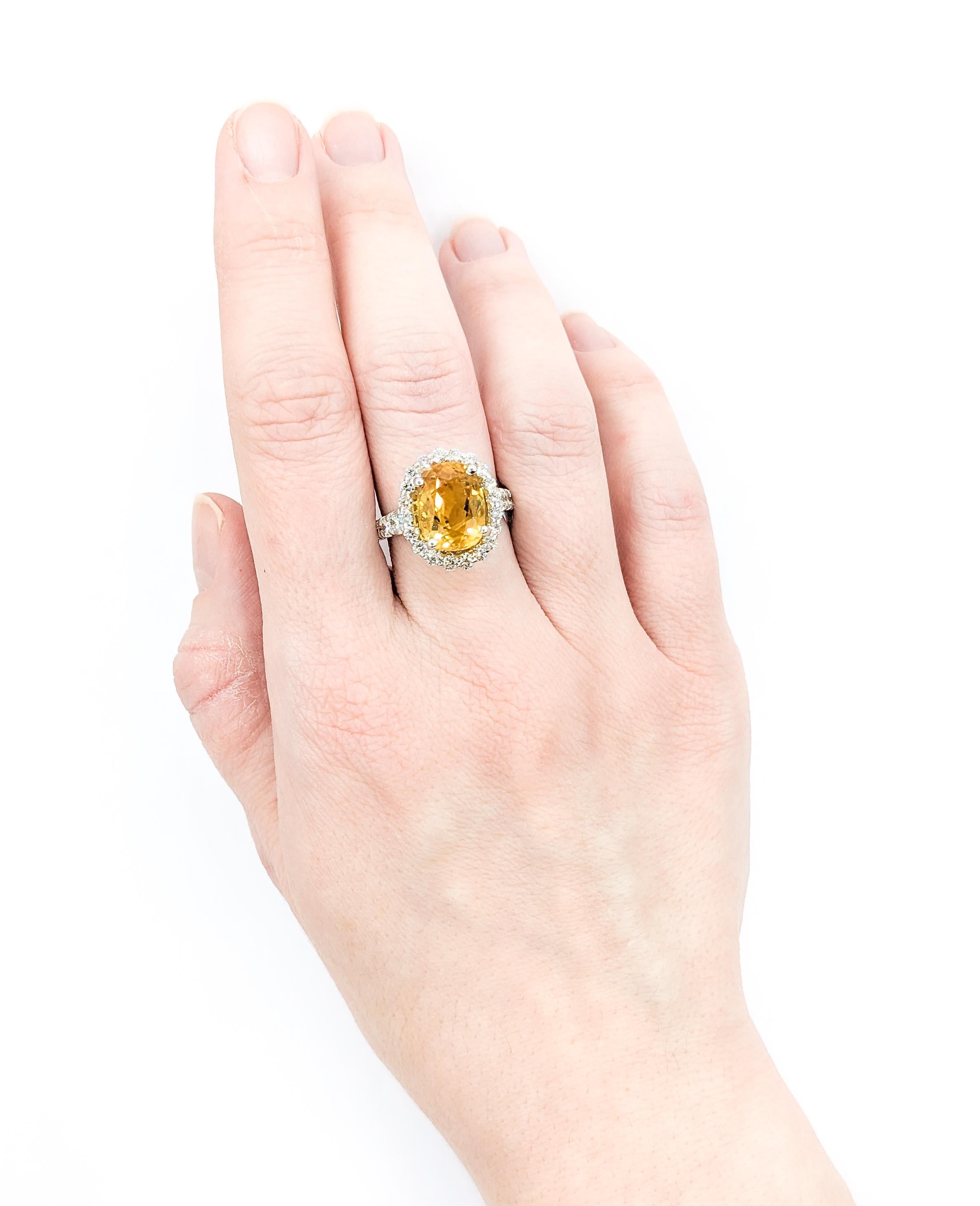 Contemporary 6.95ct Yellow Sapphire & 1.42ctw Diamond Ring In White Gold For Sale