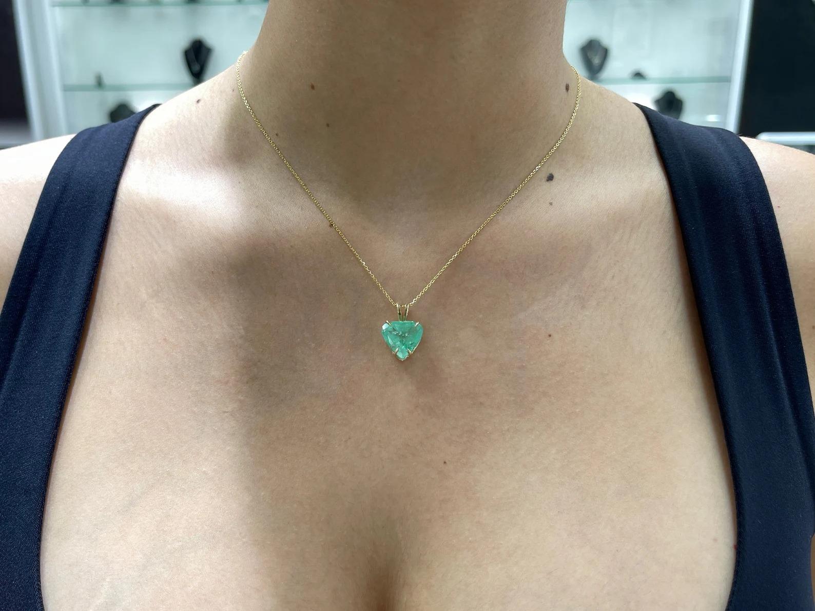 Modern 6.96 Carat Medium Light Green Emerald Heart Cut Solitaire Pendant 14K For Sale