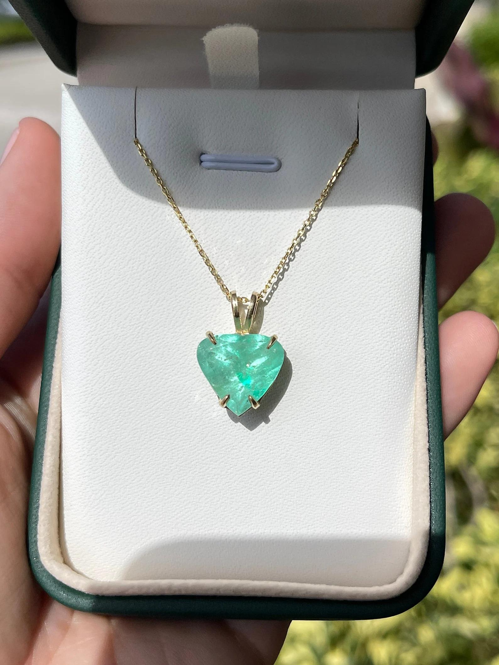 Women's 6.96 Carat Medium Light Green Emerald Heart Cut Solitaire Pendant 14K For Sale