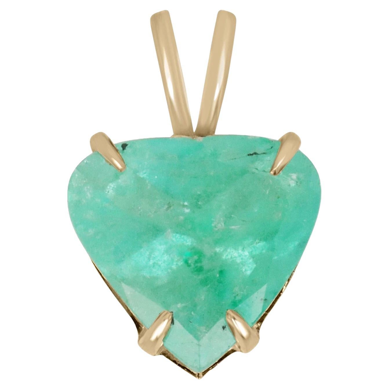6.96 Carat Medium Light Green Emerald Heart Cut Solitaire Pendant 14K For Sale