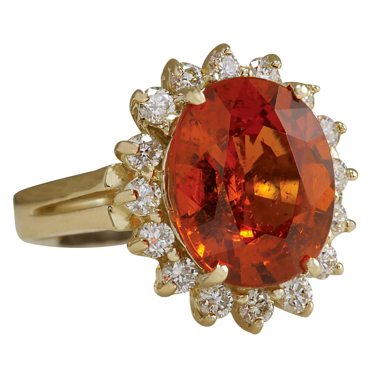 Stamped: 18K Yellow Gold<br>Total Ring Weight: 6.0 Grams<br>Ring Length: N/A<br>Ring Width: N/A<br>Gemstone Weight: Total Natural Mandarin Garnet Weight is 6.36 Carat (Measures: 12.22x10.05 mm)<br>Color: Orange<br>Diamond Weight: Total Natural