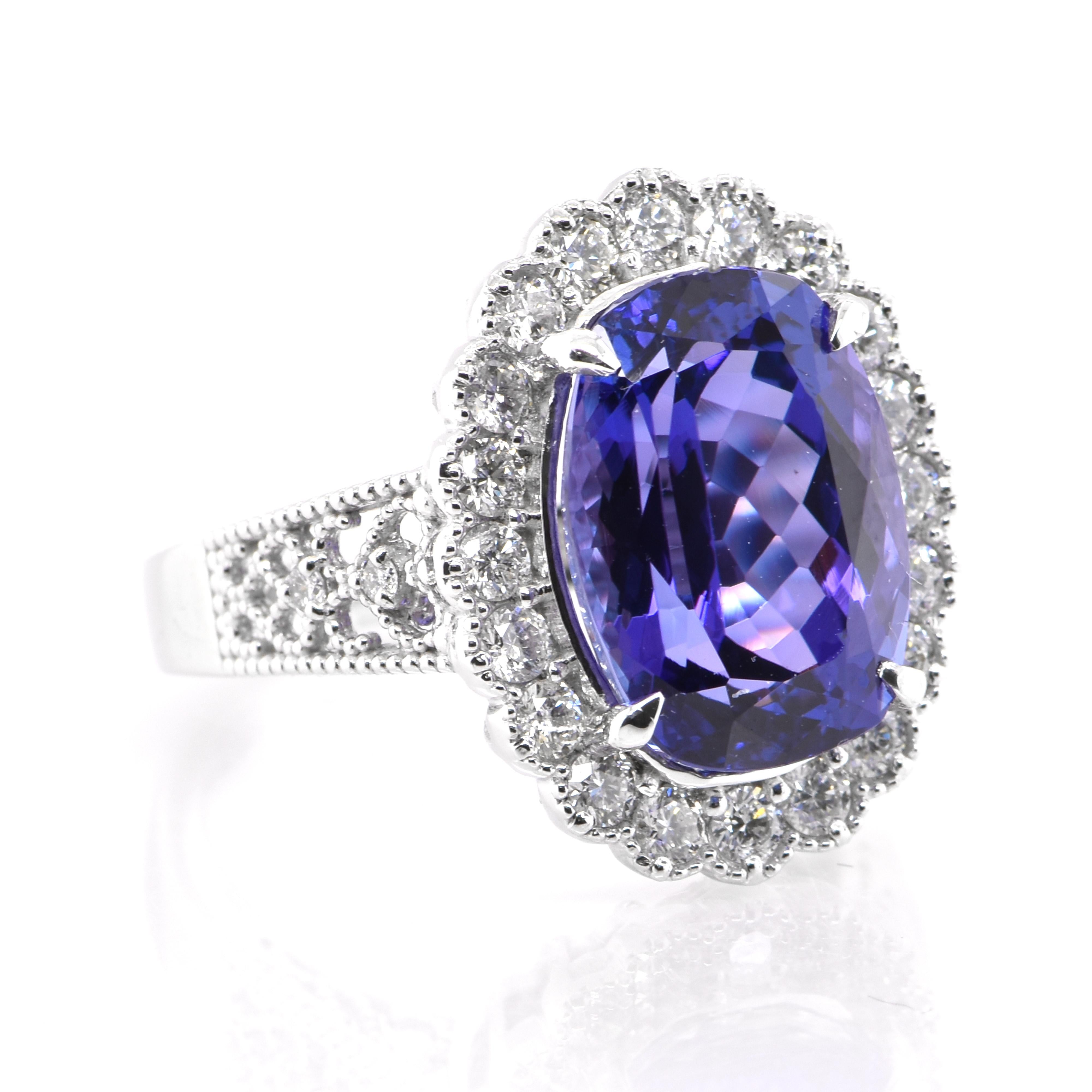 6.96 Carat Natural Tanzanite and Diamond Edwardian Inspired Ring Set in Platinum In New Condition In Tokyo, JP