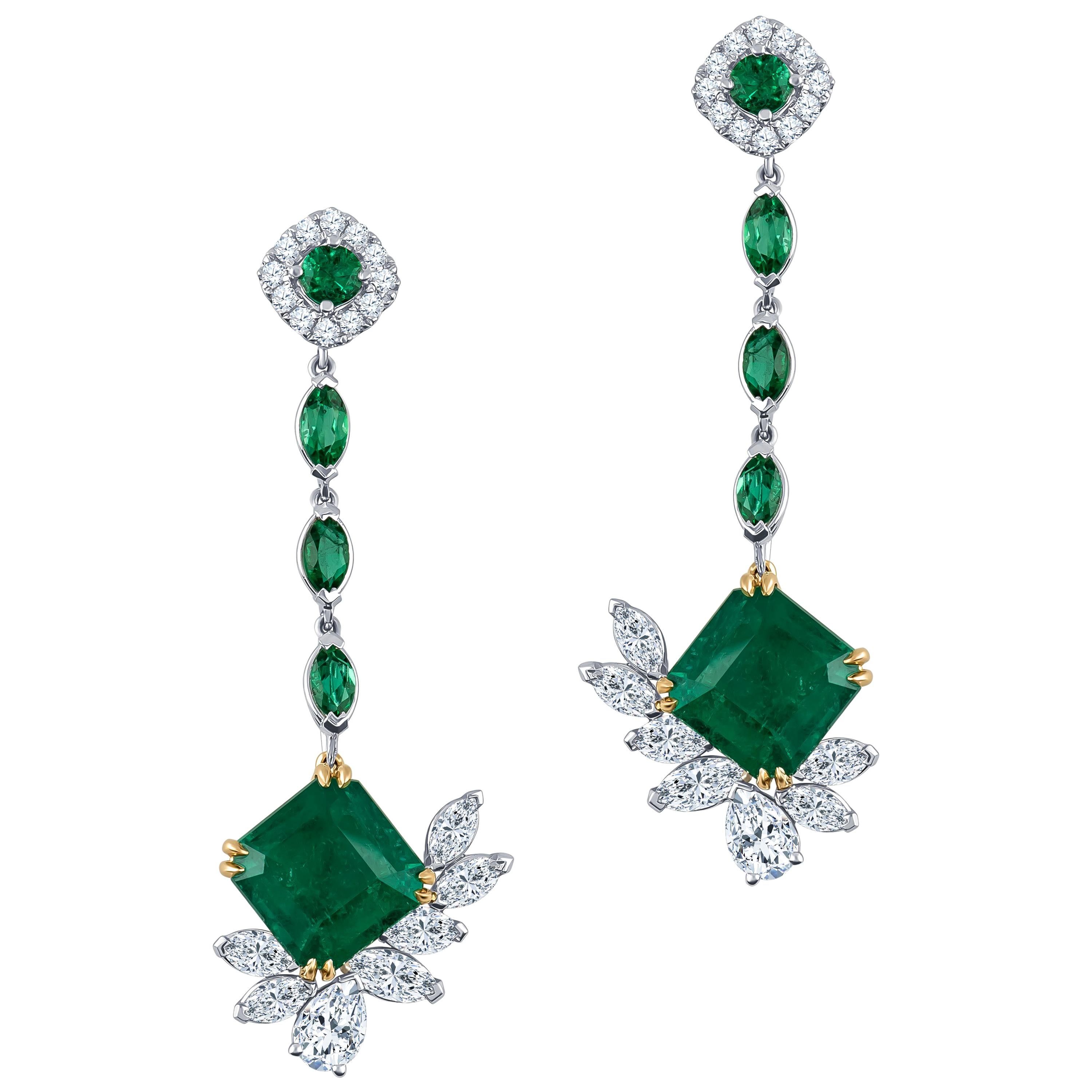 6.96 Carat Pair of Colombian Emeralds, 2.65 Diamond Total Weight, Drop Earrings For Sale