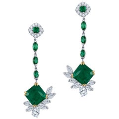 6.96 Carat Pair of Colombian Emeralds, 2.65 Diamond Total Weight, Drop Earrings