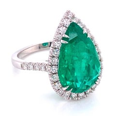 6.96 Carat Pear Shaped Emerald and Diamond Ring Estate Fine Jewelry