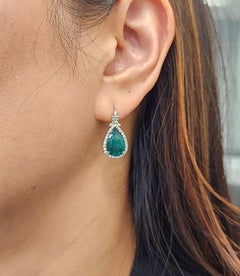 6.96 Carat Natural Emerald & Diamond Earrings – 18k White Gold