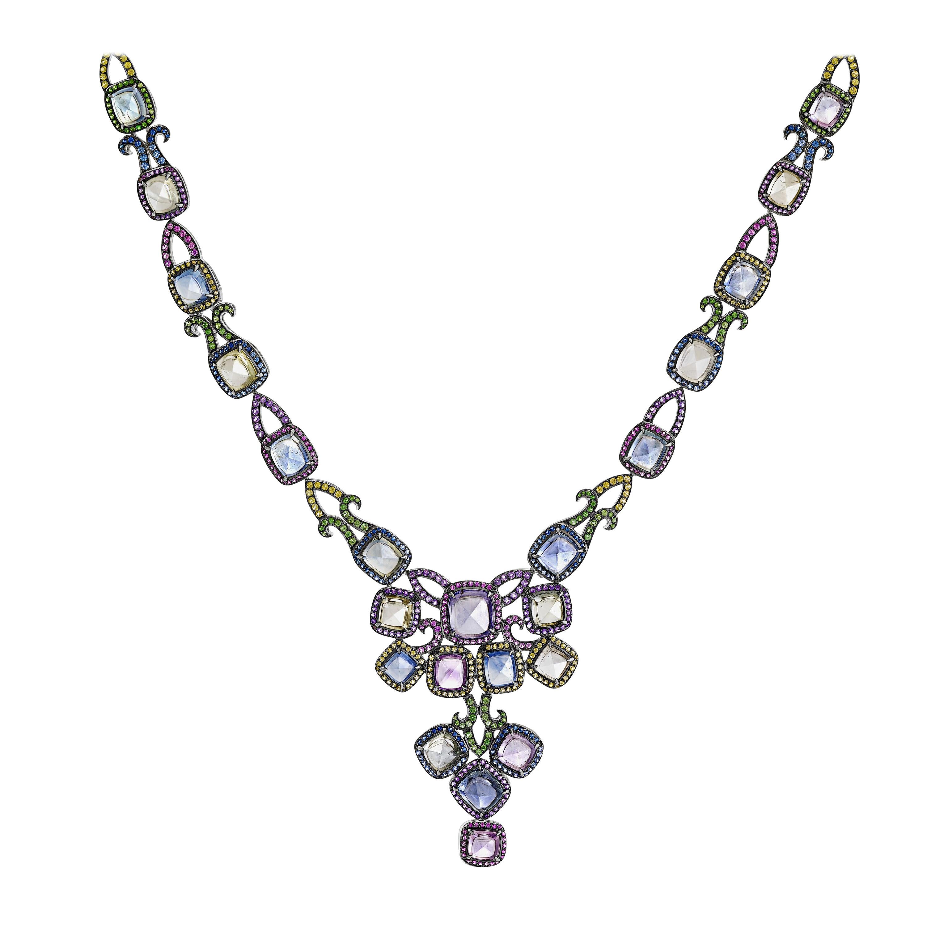 69.69 Carat Burmese Sugarloaf Sapphire Necklace Set in 18 Karat White Gold For Sale