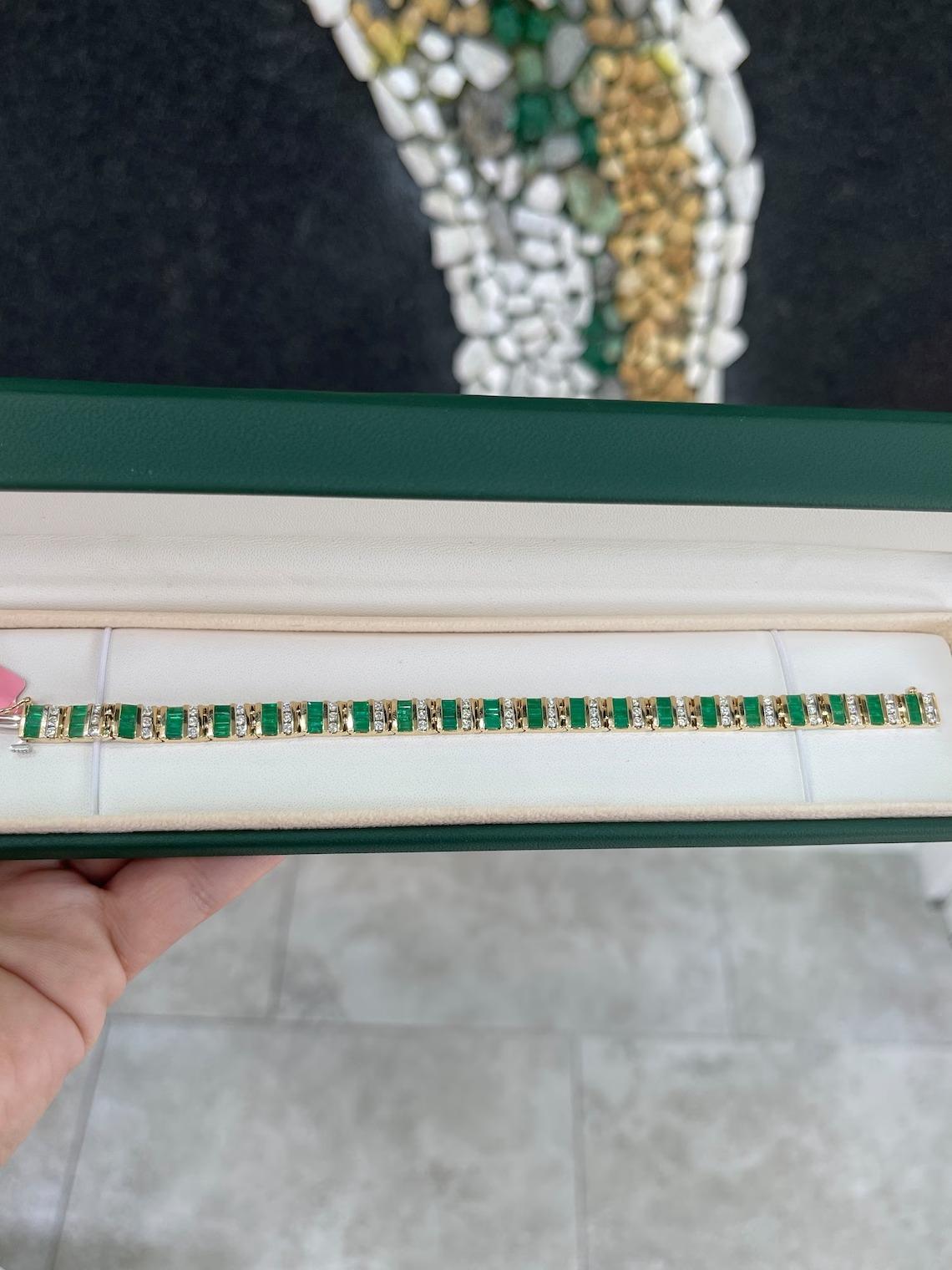 A stunning emerald and diamond bracelet. This sleek piece features over five carats in stunning natural emeralds that showcase a desirable medium-dark vivid green color and superb qualities. Rows of three brilliant round cut diamonds accent in