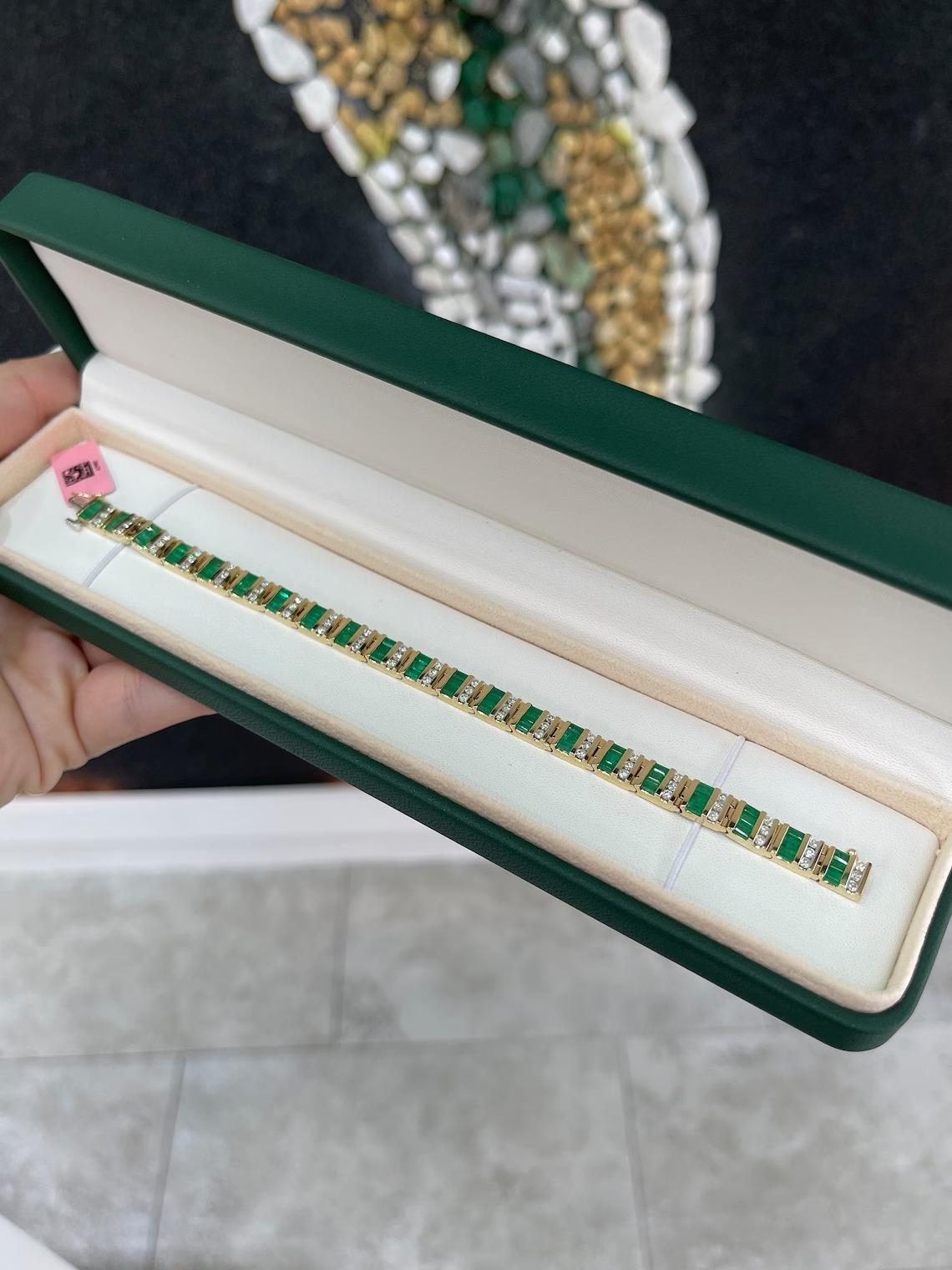 Modern 6.96tcw 14K Natural Vivid Green Emerald Cut Emerald & Diamond Accent Bracelet For Sale