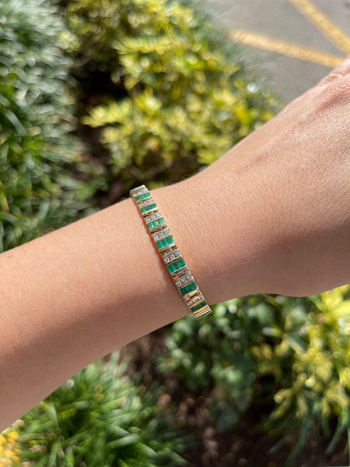 Women's or Men's 6.96tcw 14K Natural Vivid Green Emerald Cut Emerald & Diamond Accent Bracelet For Sale