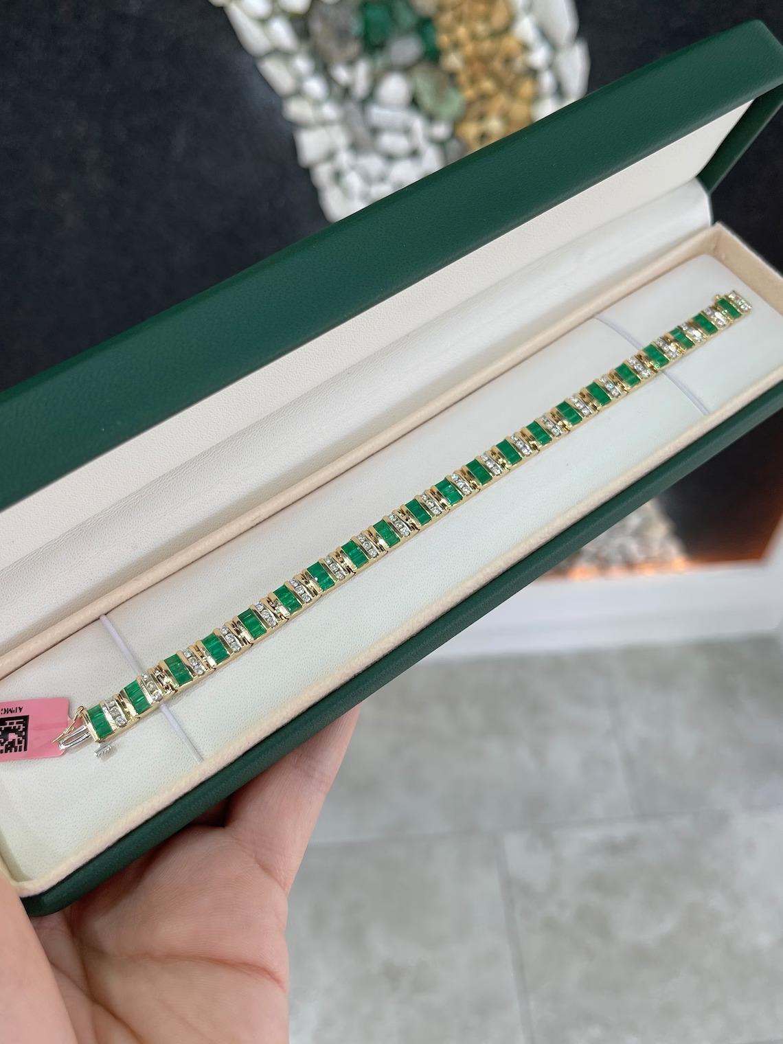 6.96tcw 14K Natural Vivid Green Emerald Cut Emerald & Diamond Accent Bracelet For Sale 2