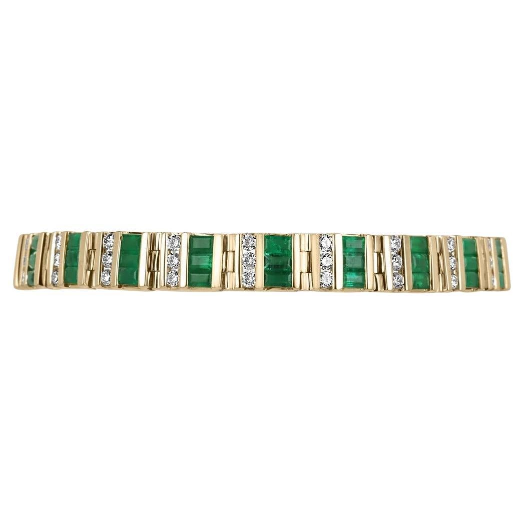 6.96tcw 14K Natural Vivid Green Emerald Cut Emerald & Diamond Accent Bracelet