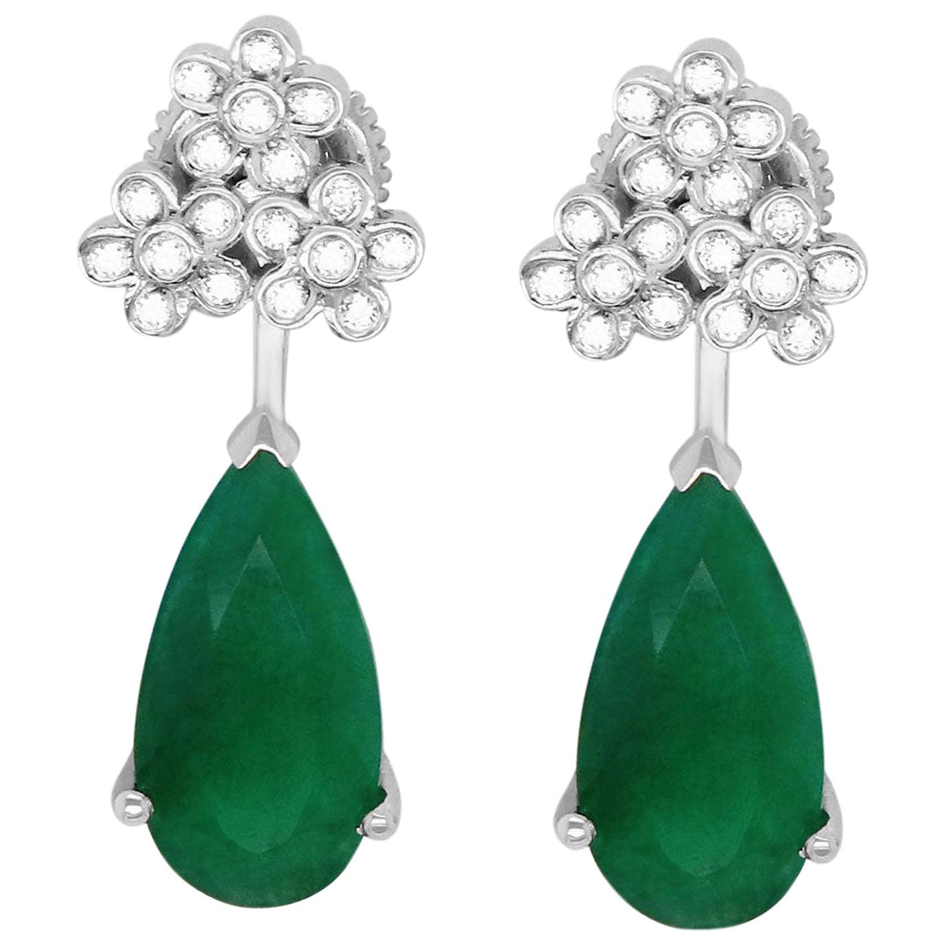 6.97 Carat Pear Emerald and Round Diamond Drop Earrings 14K White Gold For Sale