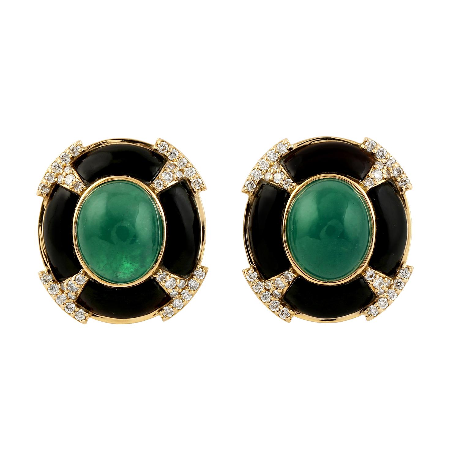 Mixed Cut 6.97 Carat Emerald Diamond 14 Karat Gold Art Deco Style Stud Earrings For Sale