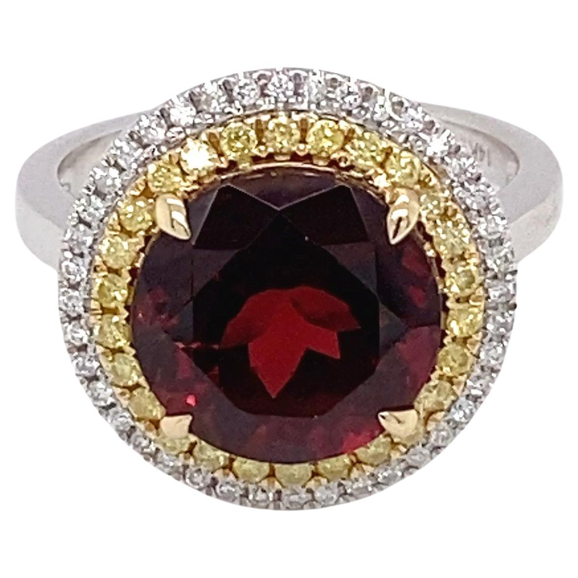 6.97 Carat Garnet Diamond Halo Ring  For Sale