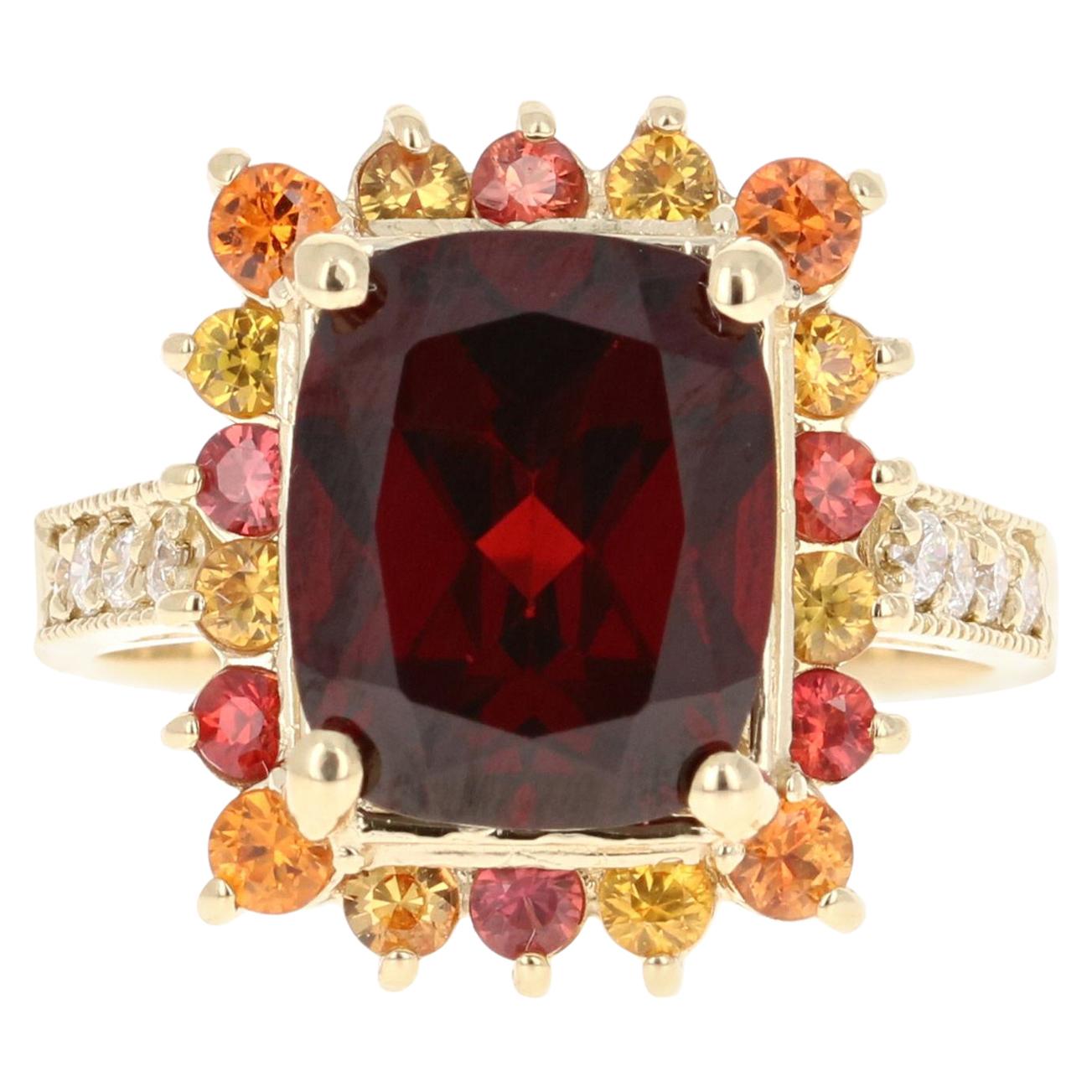 6.97 Carat Garnet Sapphire Diamond Yellow Gold Cocktail Ring