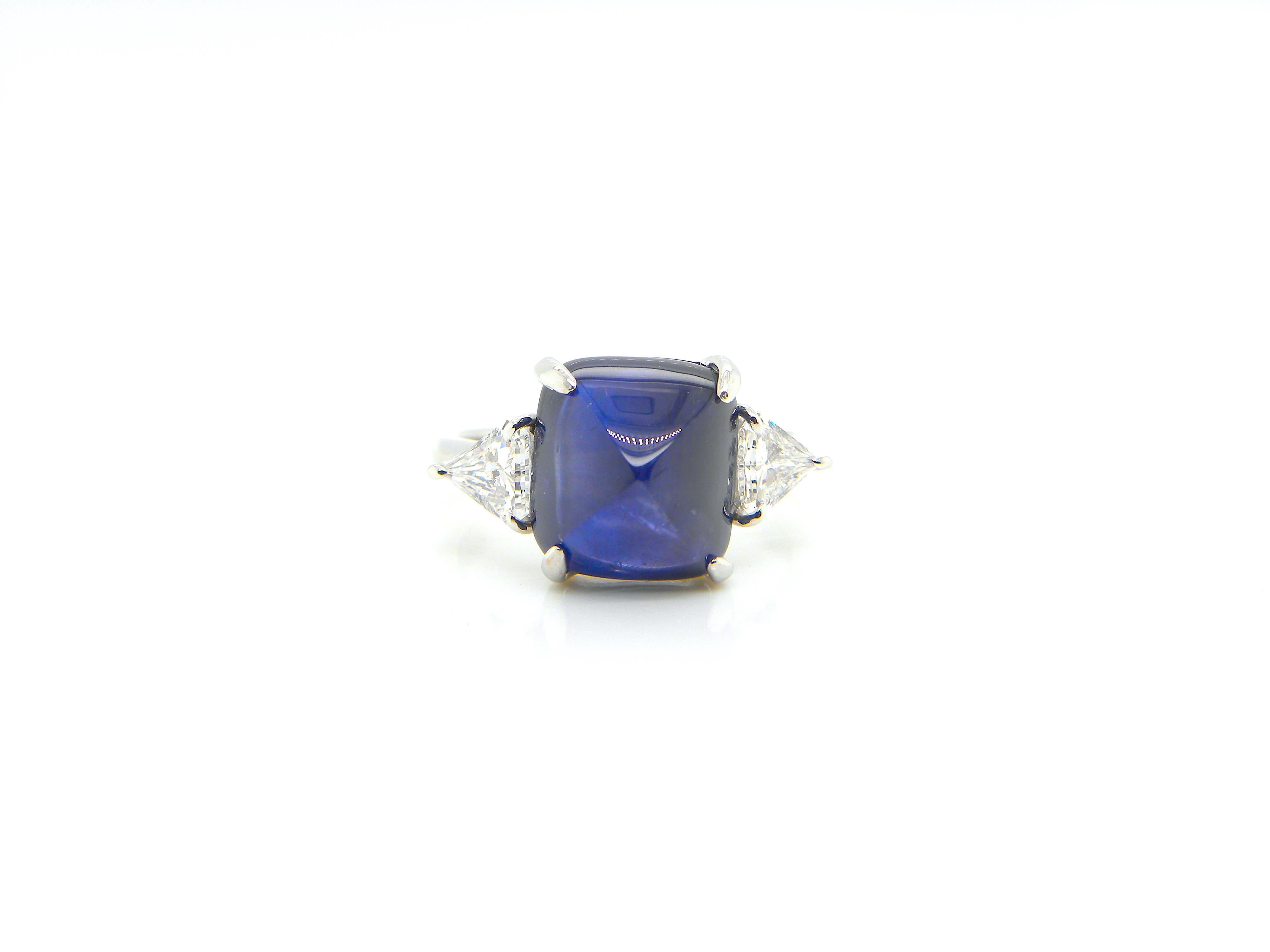 Modern 6.97 Carat GRS Certified Burma No Heat Sugarloaf Sapphire and White Diamond Ring