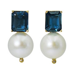 6.97 Carat London Blue Topaz, Pearl and Diamond 14 Karat Gold Stud Drop Earrings
