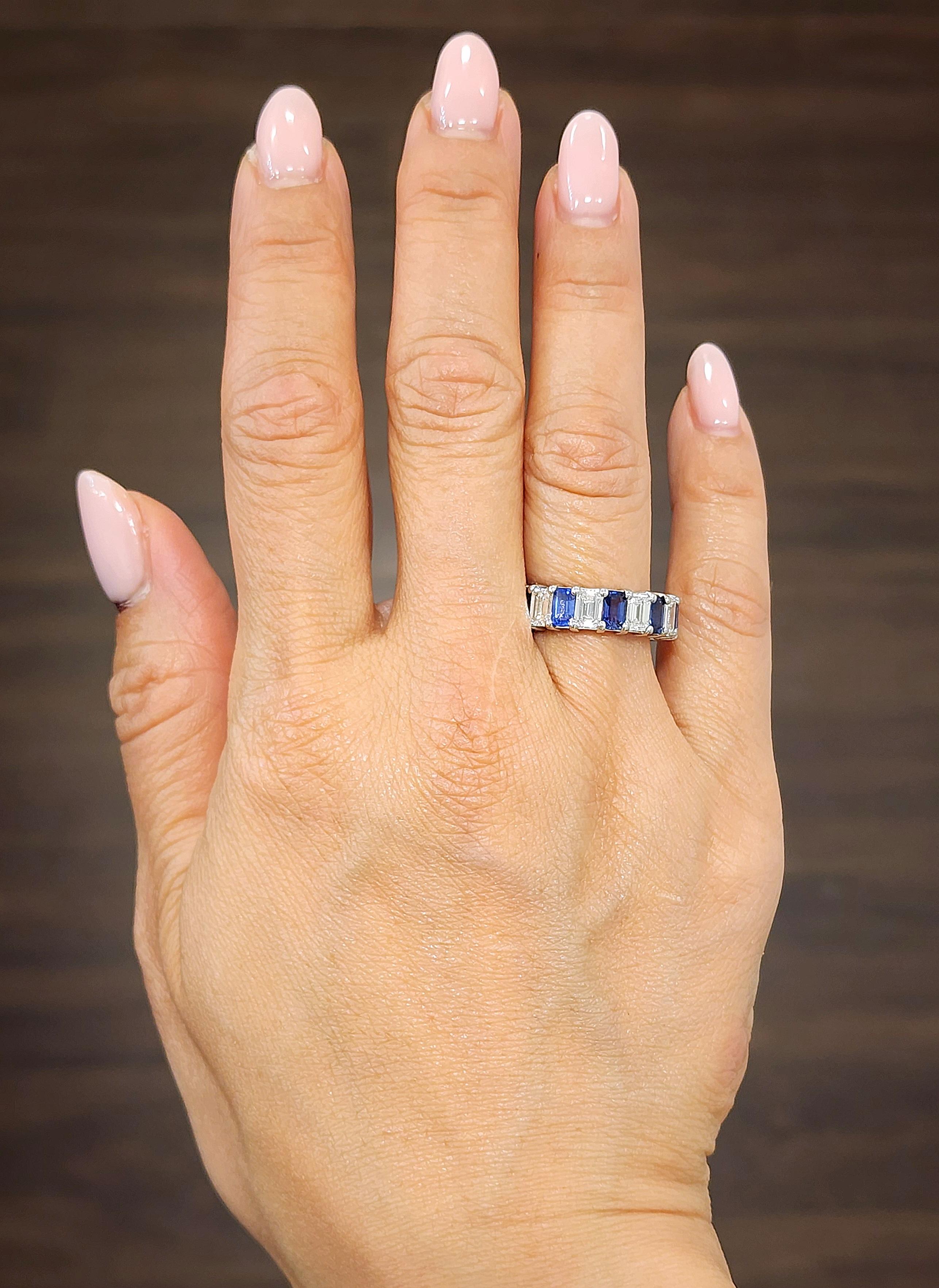 A natural emerald cut natural ceylon sapphire and diamond eternity band is a stunning and timeless piece of jewelry that is perfect for any occasion. The striking combination of the deep blue ceylon sapphire and the brilliant diamonds creates a