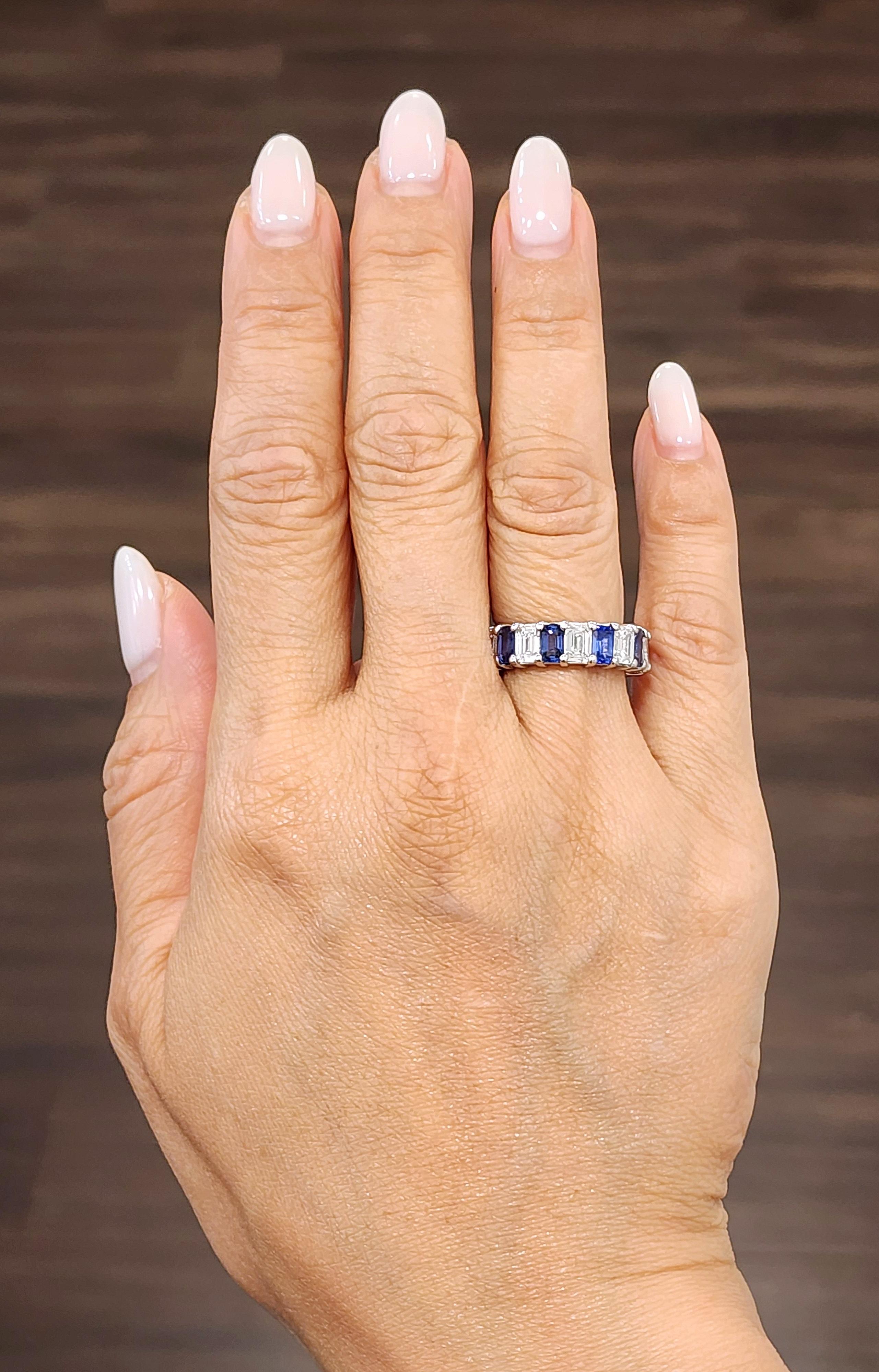 This exquisite eternity band showcases the perfect harmony of vivid blue natural Ceylon sapphires and brilliant white diamonds, offering a design that is both timeless and captivating. The deep blue sapphires contrast beautifully with the radiance