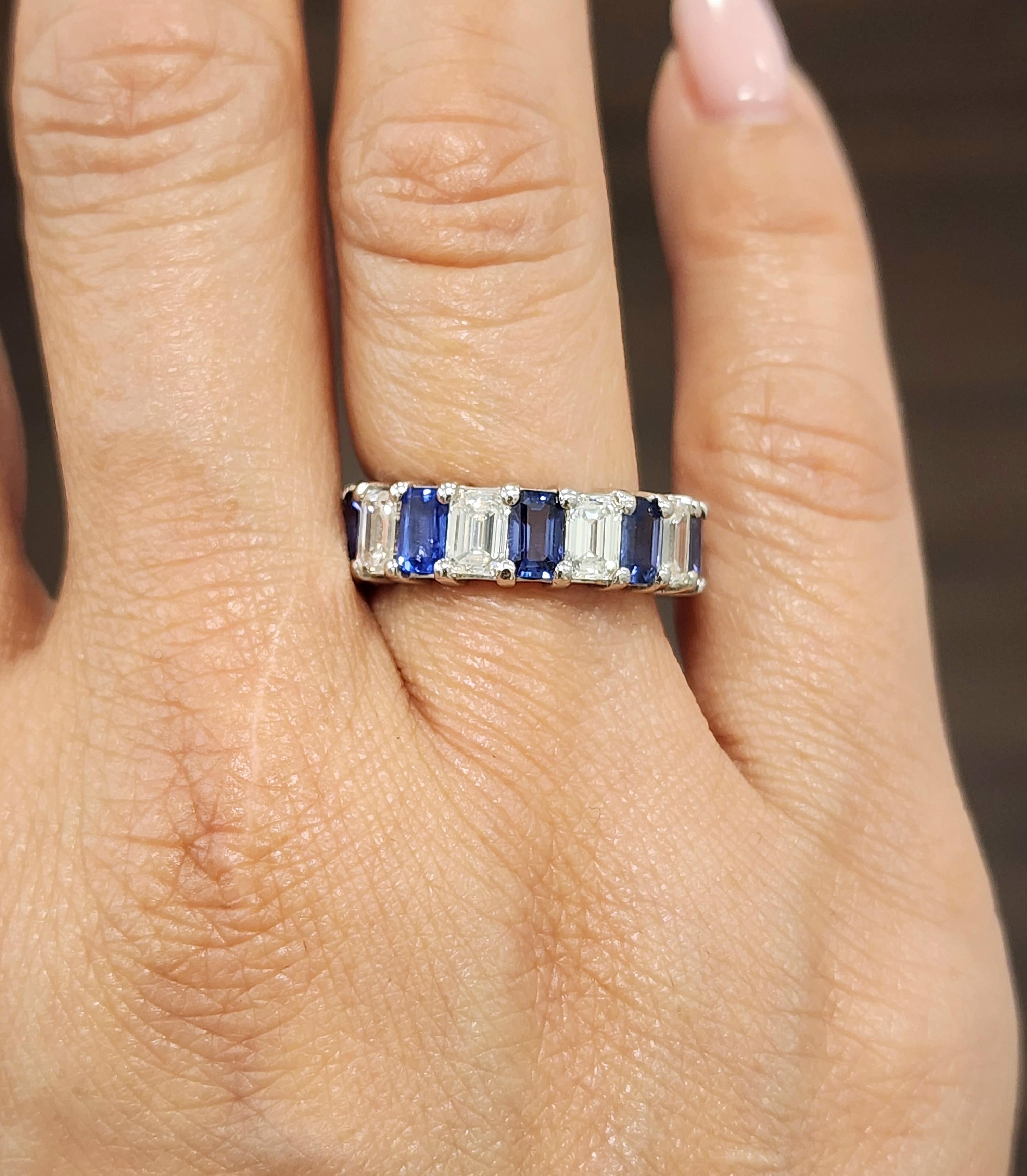 Modern 6.97 Ct Emerald Cut Natural Ceylon Sapphire & Diamond Band For Sale
