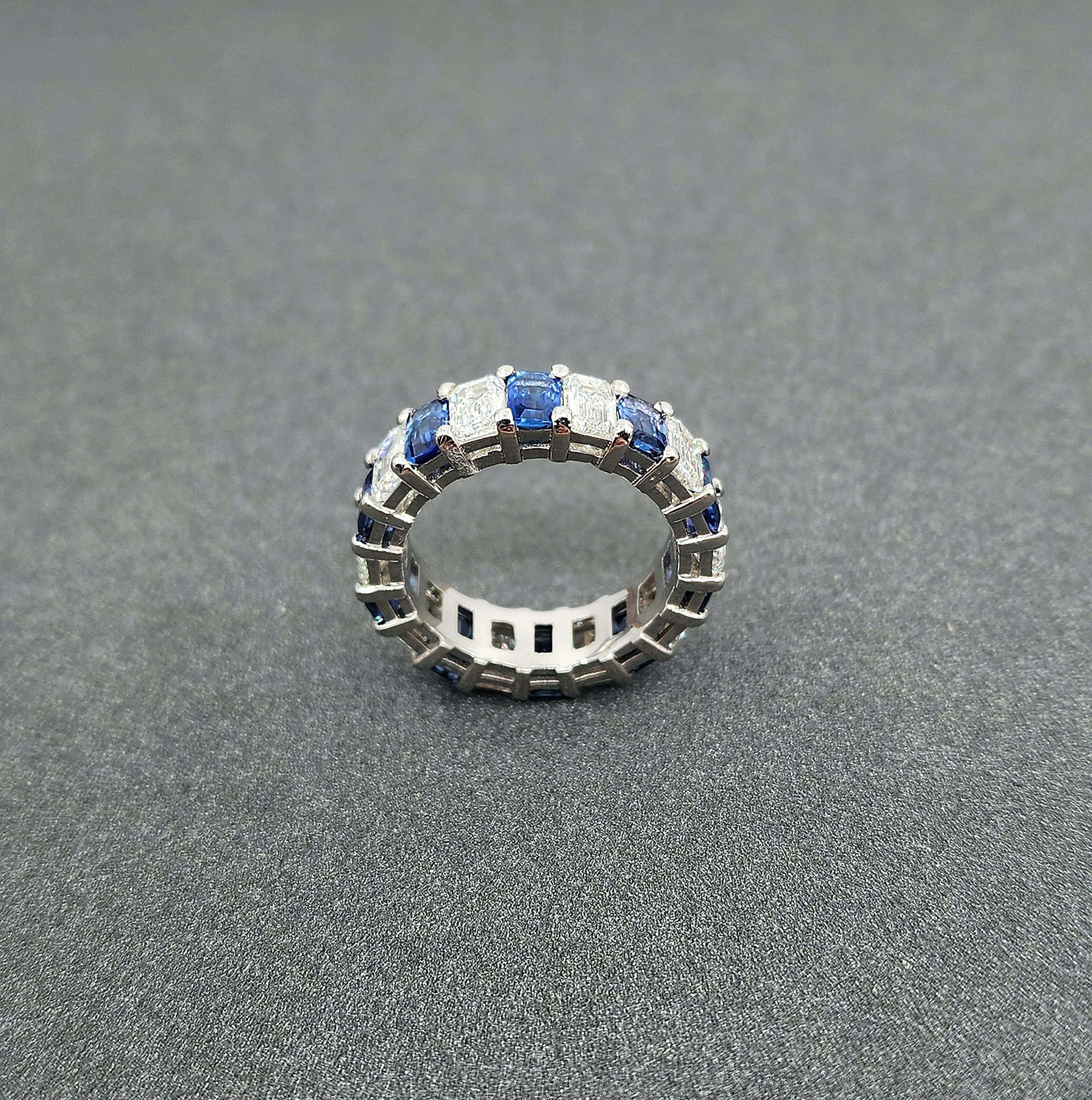 6.97 Ct Emerald Cut Natural Ceylon Sapphire & Diamond Band In New Condition For Sale In Chicago, IL