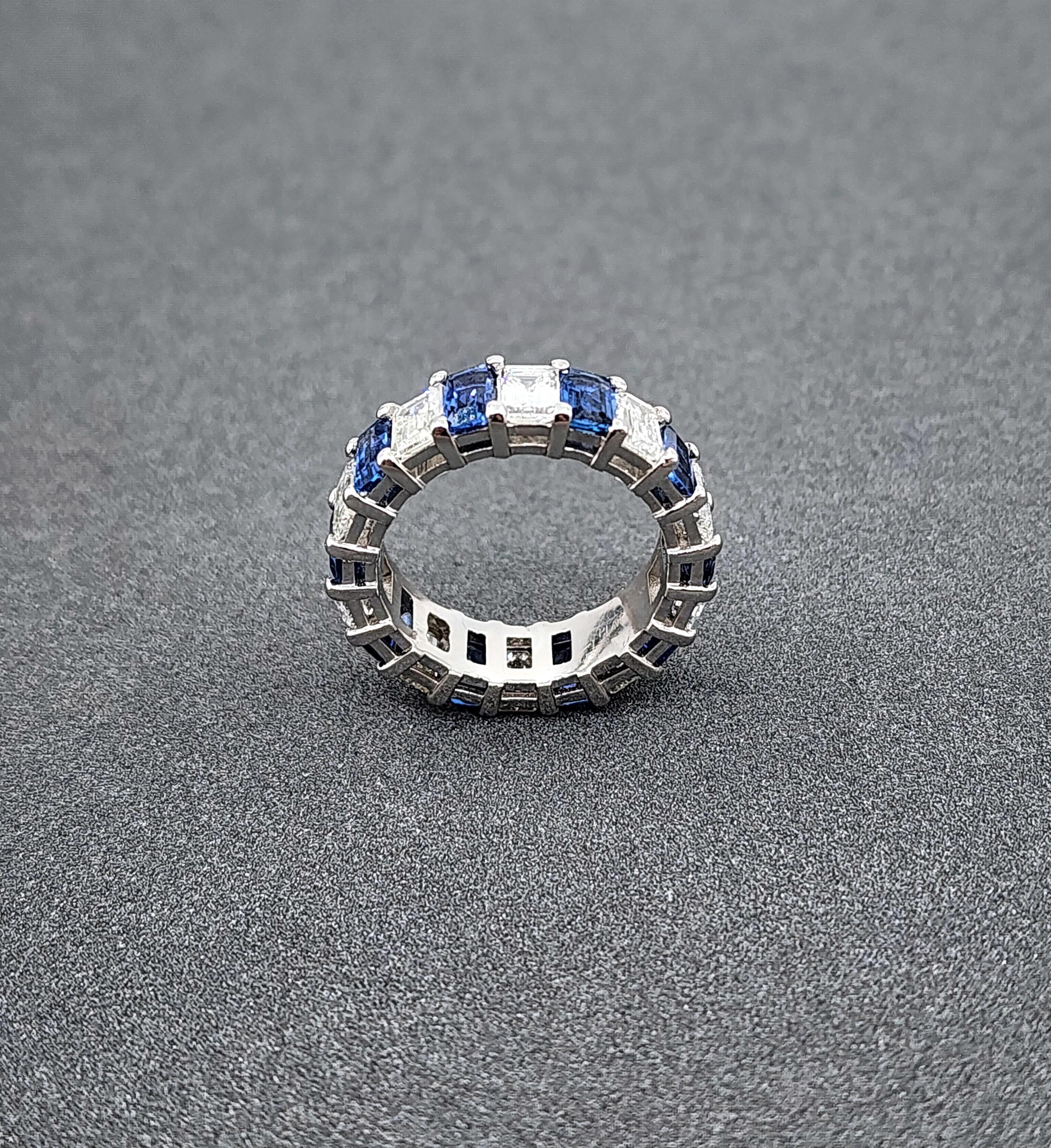 Emerald Cut Gorgeous 6.97 Carat Natural Ceylon Sapphire & Diamond Eternity Band For Sale