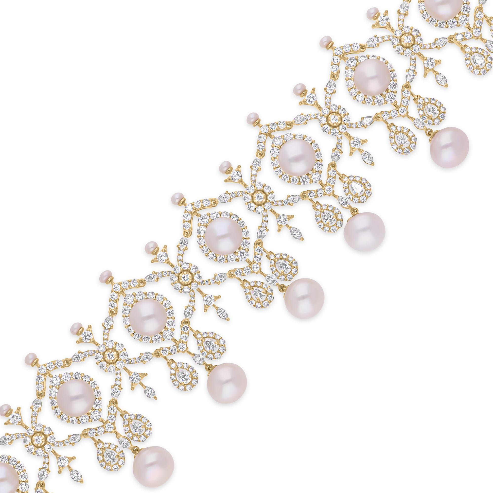 Round Cut 69.75 Carat Pearl Gemstone Necklace 18.30 Ct. SI/H Diamond 14 Karat Yellow Gold For Sale