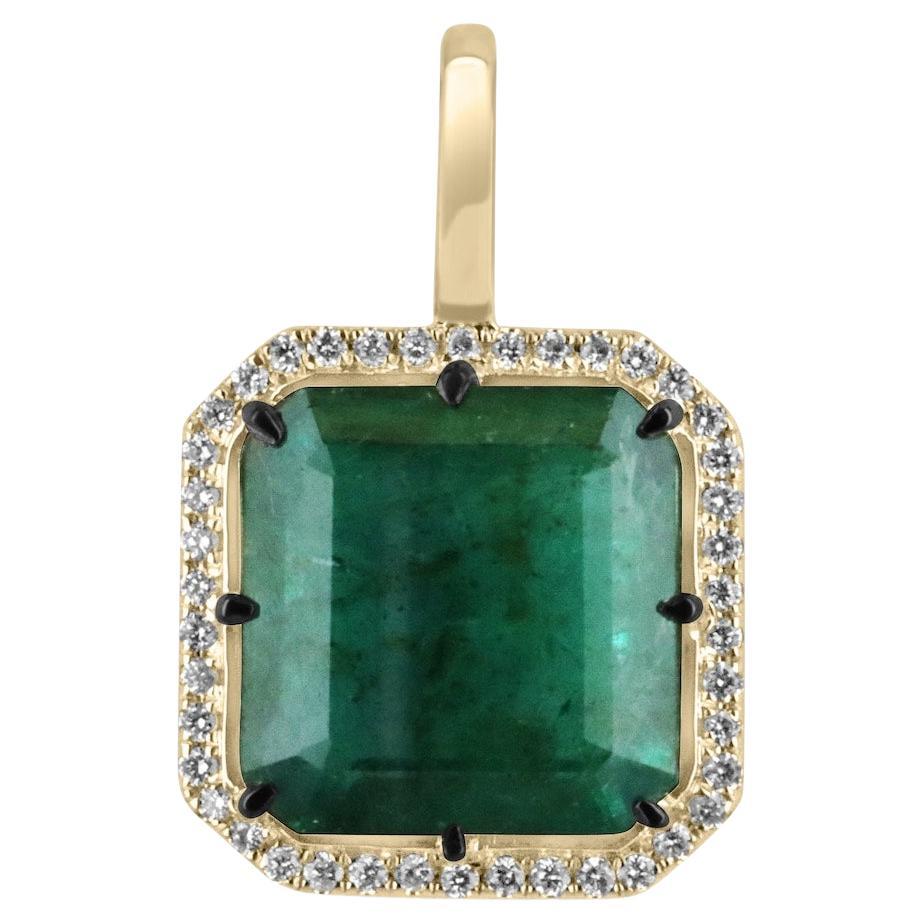 6.97ct 14K Asscher Cut Emerald & Diamond Halo Pendant Dark Green Emerald