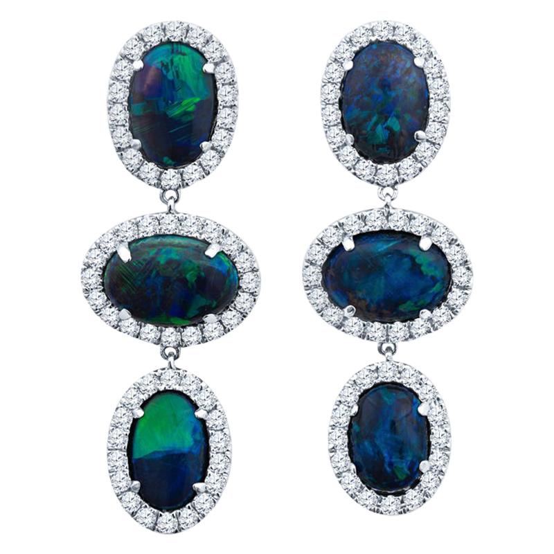 6.97ct Australian Blue/Green Opal Drop Earrings with 1.57 Carat in Diamond Halos For Sale