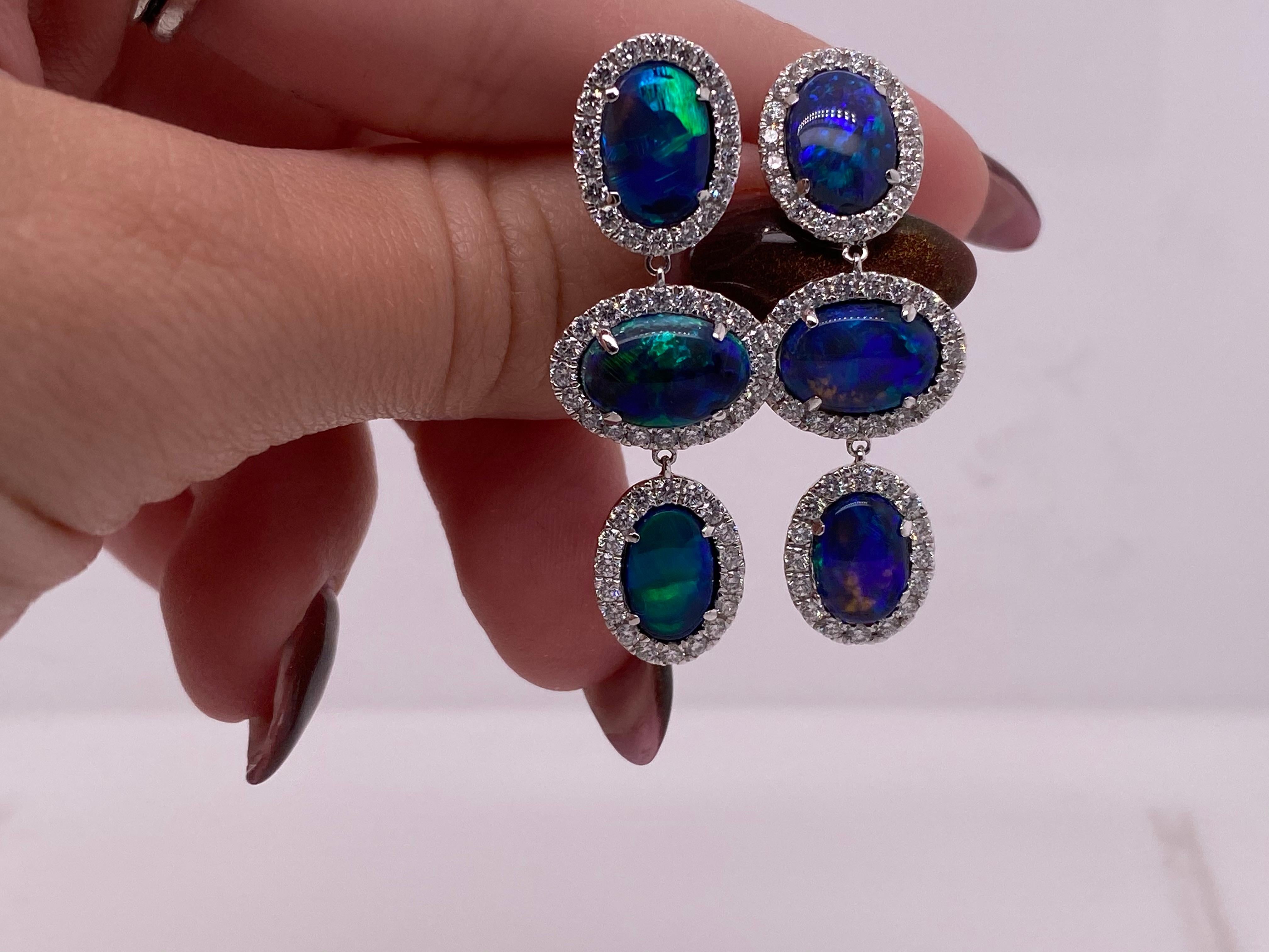 Oval Cut 6.97ct Australian Blue/Green Opal Drop Earrings with 1.57 Carat in Diamond Halos For Sale