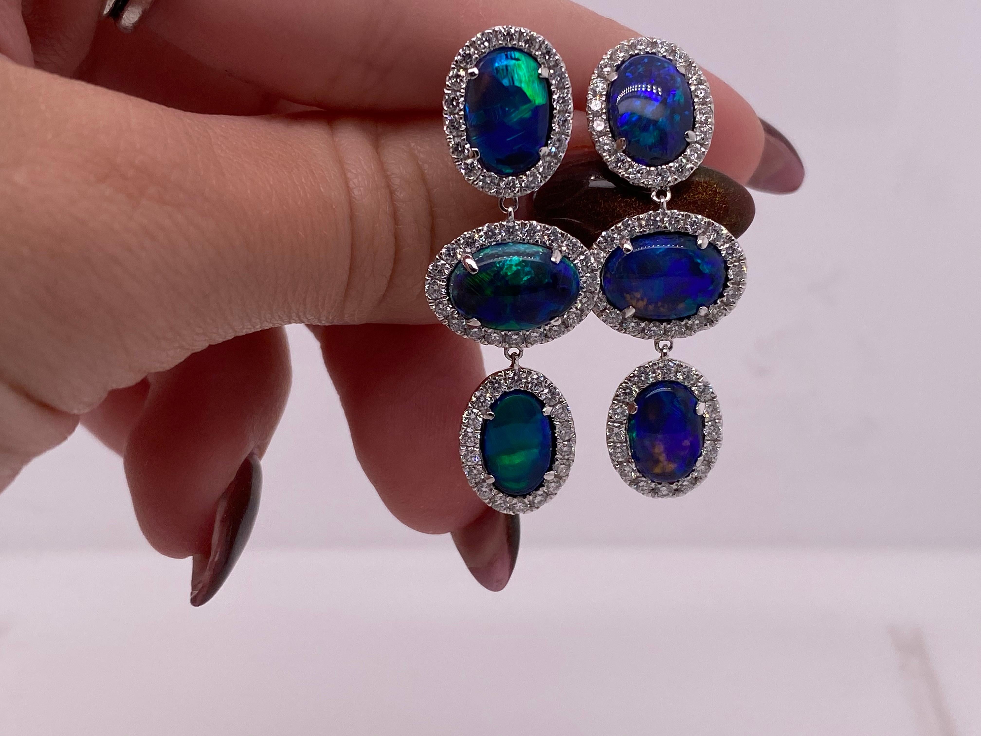 Oval Cut 6.97ct Australian Blue/Green Opal Drop Earrings with 1.57 Carat in Diamond Halos