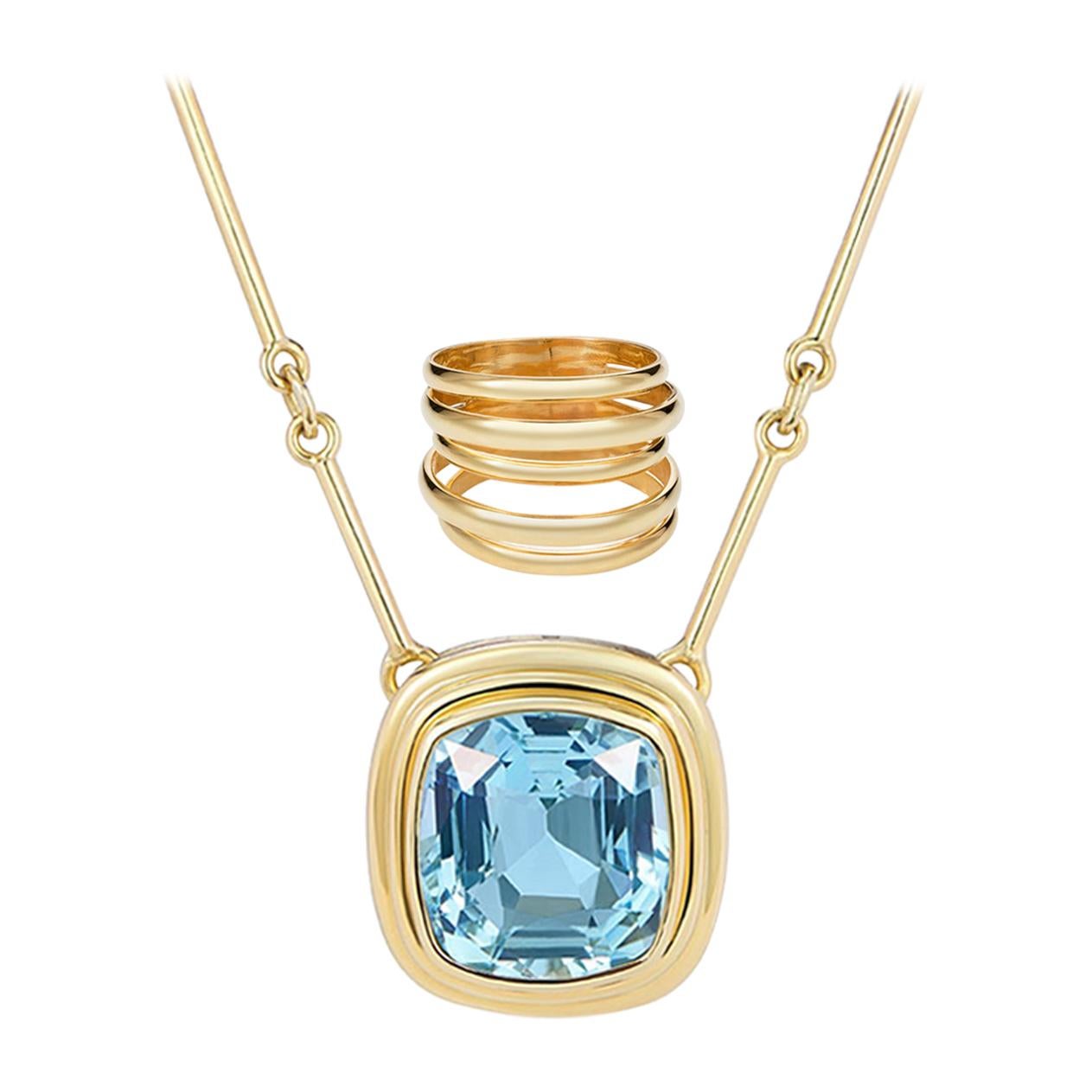6.97 Carat Cushion Cut Aquamarine Necklace, 5 Band Gold Ring Suite
