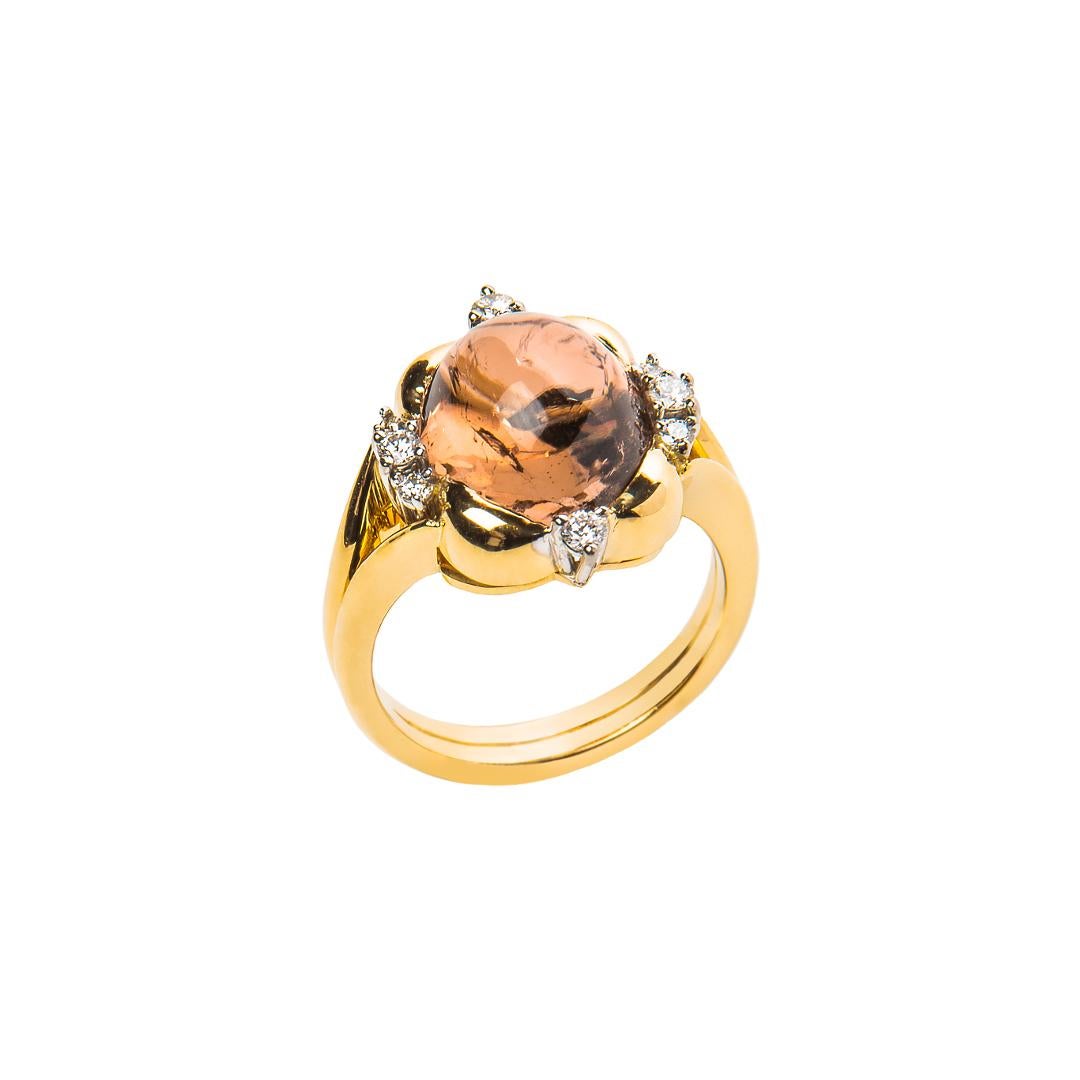 Contemporary 6.98 Carat Brown Tourmaline Cabochon Diamond Cocktail Ring Natalie Barney For Sale