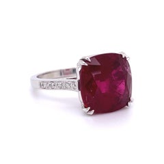 6.98 Carat Cushion Rubelite Tourmaline Diamond Platinum Ring Estate Fine Jewelry