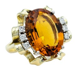 6.98 Carat Oval Cut Orange Citrine and Diamond Cocktail Ring in 14 Karat Gold