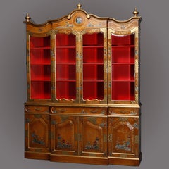 Antique Chinoiserie Paint Decorated English Style Breakfront ca 1930s