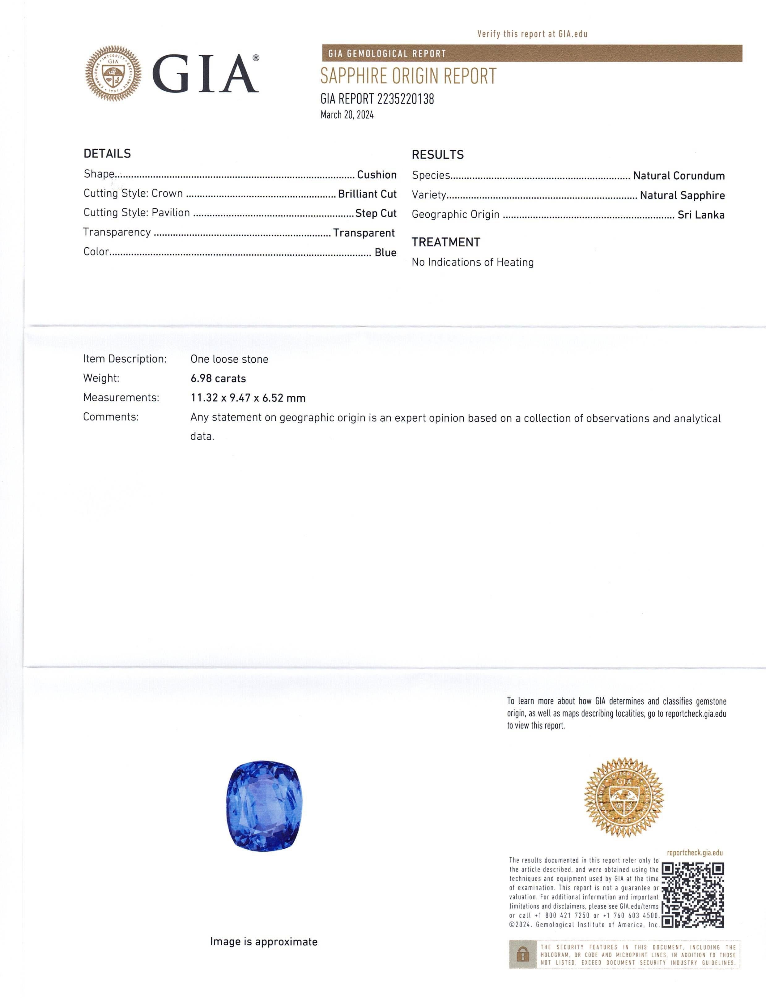 This is a stunning GIA Certified Sapphire 


The GIA report reads as follows:

GIA Report Number: 2235220138
Shape: Cushion
Cutting Style: 
Cutting Style: Crown: Brilliant Cut
Cutting Style: Pavilion: Step Cut
Transparency: Transparent
Colour: