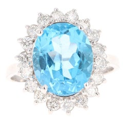 Anello in oro bianco 14 carati con diamante Topazio Blu da 6,99 carati