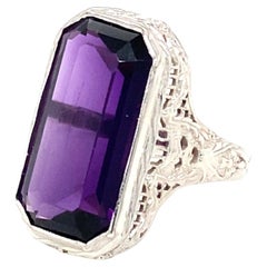 6.99 Carat Emerald Cut Amethyst and 14K White Gold Art Deco 1930s Cocktail Ring